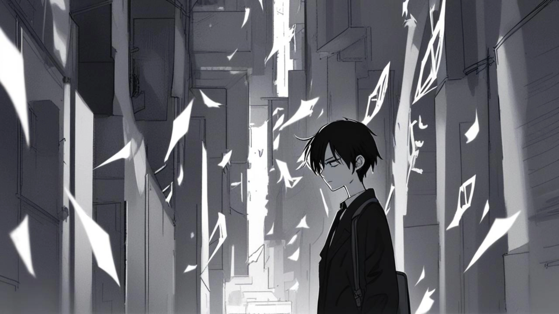 Hình nền anime buồn trắng đen đầy tâm trạng